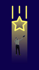 Wall Mural - businessman talking on phone over big neon colored star symbolizing rating of service. creative conc