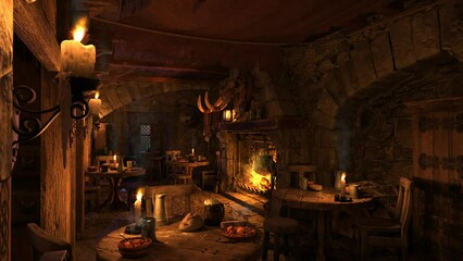 Poster - Dark moody medieval tavern interior at night with flickering candle flames, hot food on tables and fire burning in the background.