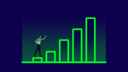 Wall Mural - businessman walking upwards on giant neon colored graph symbolizing personal and professional growth