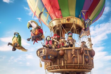 A crew of adventurous parakeets, soar through the skies in their vibrant pirate hot air balloons animal pirate illustration generative ai