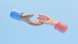 © Nuchjaree - 3D cartoon hands reaching towards each other on blue background. Helping and rescue hand concept, support. Helping hand outstretched. Love and the reconciliation of race in the world. 3d rendering