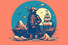 Doodle Inspired Pirate Captain At Port Town, Cartoon Sticker, Sketch, Vector, Illustration