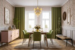 © Anna - Modern cozy dining room, classic interior design with pastel colors. Super photo realistic background, generative ai illustration