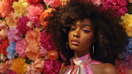 A striking close-up of a black woman exhibiting handcrafted beauty and bright hues, set against a flower wall in true Hollywood glamour style. Generative AI.