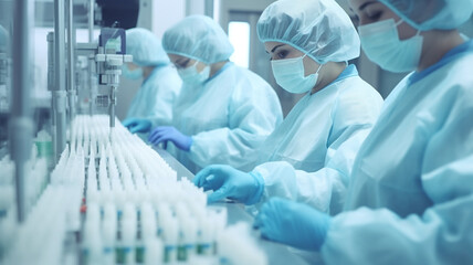 Staff in uniform check Medical vials on production line at pharmaceutical factory, Pharmaceutical machine working pharmaceutical glass bottles production, Generative AI