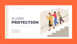 Quake Protection Landing Page Template. Frightened Characters Support And Cling To One Another During Earthquake