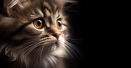 Cute fluffy kitten on a black background with copy space, adorable cat looking at camera, pet,animals,baby concept