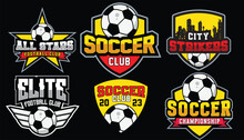 Set Of Colorful Soccer Logos, And Emblems Collection. Shield, Wings, City, And Football Illustration Logos On Isolated Backgrounds, Editable Text Vector Template, Tournament And Championship, Leagues,