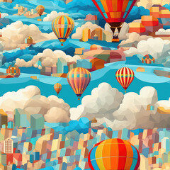 Hot air balloons and clouds seamless repeat pattern - fantasy colorful cubism, abstract art, trippy psychedelic [Generative AI]
