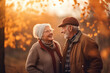 Elderly couple enjoying the vibrant colors of autumn in a serene park .Generative AI illustration.