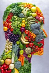 Wall Mural - human head of vegetarian of fruits and vegetables. Concept of healthy eating with food and vegetarianism. Generative AI illustration