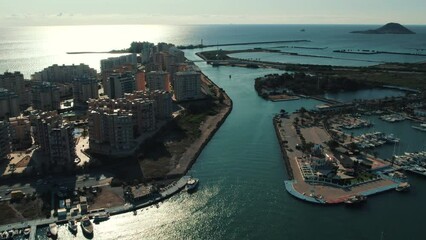 Canvas Print - Aerial shot, drone point of view marina with nautical vessels of La Manga del Mar Menor. Travel and tourism concept. Spain