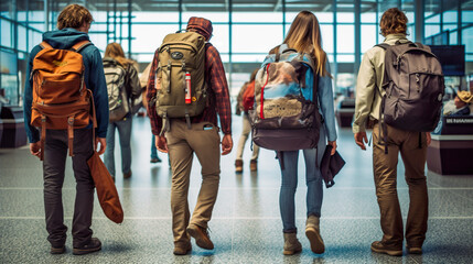 Poster - A group of people with backpacks walking through an airport. Generative AI.