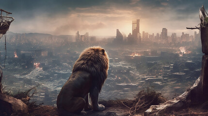 Naklejka na meble A lion in front of a destroyed city. Cinematic Look. Generative AI