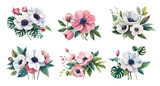 Watercolour set with anemone flowers. Generative Ai