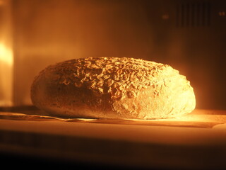 Wall Mural - artisan cereal bread loaf baking in oven