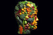 Concept of vegetarianism from fruits and vegetables. Head of vegetarian eating healthy food on black background. Generative AI illustration