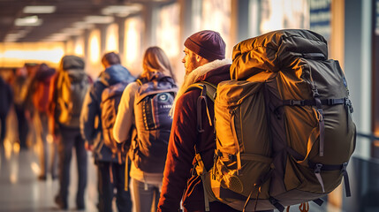 Wall Mural - A group of people with backpacks walking down a hallway. Generative AI.