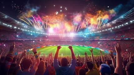 view inside soccer stadium with Fans on stadium game and audiences people celebration, Generative AI.