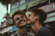 Close-up of a joyful moment on the street: One young man laughing as he receives a kiss on the cheek from his companion. Generative AI