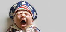 Little Baby Infant Boy Wrapped In USA Flag Laying On White Background,generative Ai.