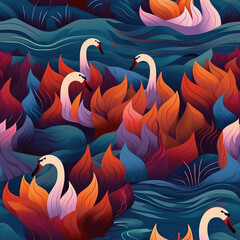 Swans in a lake seamless repeat pattern - fantasy colorful cubism, abstract art, trippy psychedelic [Generative AI]
