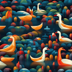 Swans in a lake seamless repeat pattern - fantasy colorful cubism, abstract art, trippy psychedelic [Generative AI]
