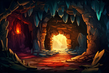Cartoon Magic Stone Cave Entrance. Dark Rock Tunnel Burning Fire. Underground Abandoned Rocky Cave. Light At The End Of The Tunnel. Artificial Intelligence Generated