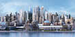 Modern city skyline panorama with river embankment. Futuristic eco cityscape illustration: skyscrapers, business towers, office, residential tall buildings. Panoramic urban view of megapolis town, 3D