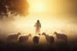 © fotoyou - Bible Jesus Christ Shepherd with His Flock of Sheep during Sunrise. AI generative