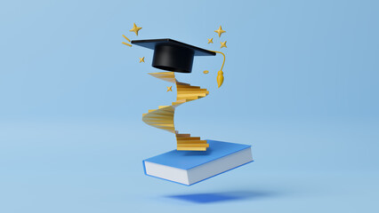 Book with staircase to graduation cap, study,education and e-learning concept. Steps of education leading to success goal. Solutions, achieve the goal. Business development and innovation. 3d render