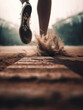 Woman Feet running on a running track closed up shot with dirt, Generative AI