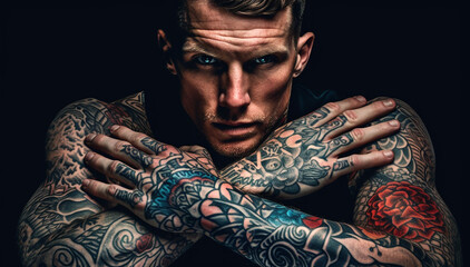 confident man with muscular body tattooed,assertive tattoo artist posing in a dark studio with a hal