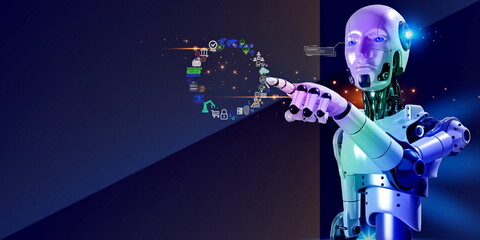 Creartificial intellegence collected processing commands to find the best answer to communicate with humans. 3D robotic working with element futuristic digital icon backgroundated with GIMP