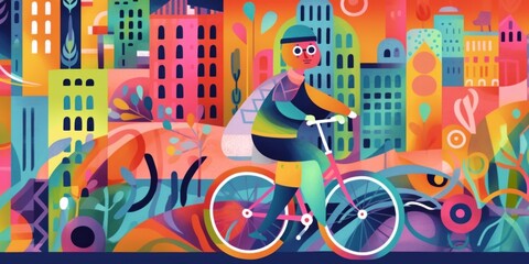 Wall Mural - A man riding a bike through a city. Generative AI image.