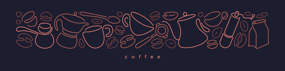 Wall Mural - Coffee line border. Cup, beans. Vector art pattern