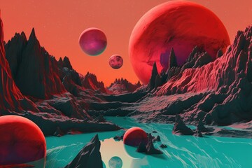 Wall Mural - a swarm of crimson planets seen gliding across the sky over a lake of water Generative AI