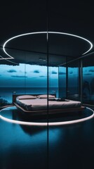 Wall Mural - A circular bed in a room with a view of the ocean. Generative AI image.