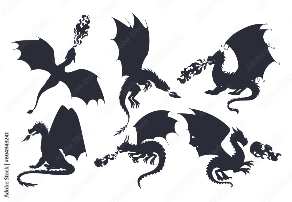 Dragon Vector Set Dragons silhouettes. Flying fire breathing reptiles, medieval dragons ...