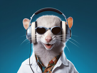 Wall Mural - Funny weasel wearing glasses and headphones listening to music - Generative AI