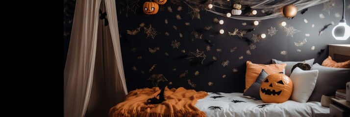 Canvas Print - A bedroom decorated for halloween with a pumpkin pillow. Generative AI image.