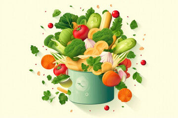 Wall Mural - Whimsical Paper Cut Style Illustration of Fresh Vegetables Falling into the Pot: Cooking Healthy Meals and Showcasing Natural Organic Food for a Menu Poster Banner Template. Generative AI.