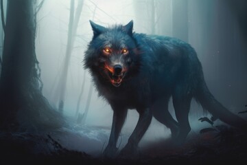 Wall Mural - A wolf with glowing eyes walking through a forest. Generative AI image.