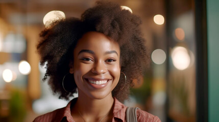 Generative Ai. smiling woman with afro hair standing in front of a window