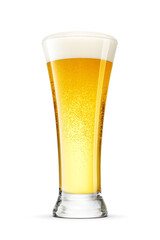 Sticker - Pilsner glass of fresh yellow beer with cap of foam isolated. Transparent PNG image.