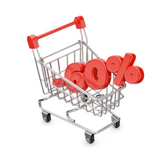 Wall Mural - Tiny red colored shopping cart and sixty percent discount text. Isolated transparent PNG image. 3D rendering.