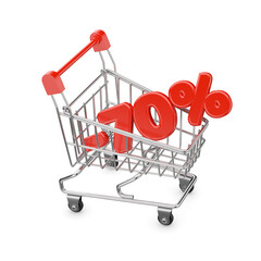 Wall Mural - Tiny red colored shopping cart and seventy percent discount text. Isolated transparent PNG image. 3D rendering.
