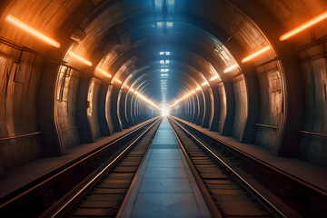 Wall Mural - Subway underground tunnel with blurry rail tracks in metro 