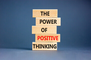 Wall Mural - Positive thinking symbol. Concept words The power of positive thinking on wooden block. Beautiful grey table grey background. Business, motivational positive thinking concept. Copy space.