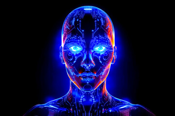 Woman's face with glowing blue eyes and futuristic body suit. Generative AI.